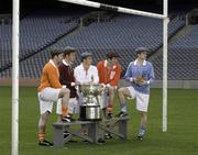 13 May 2009; Tyrone's 2008 All-Ireland winning captain Brian Dooher, centre, brought the Sam Maguire trophy back to Croke Park, in the company of 4 rival team captains representing the 4 provincial winners from last year, from left, Ciaran McKeever, Armagh, Damien Burke, Galway, Graham Canty, Cork, and Paul Griffin, Dublin, ahead of the 2009 '125 Year' GAA Football All-Ireland Senior Championship. Croke Park, Dublin. Picture credit: Brendan Moran / SPORTSFILE