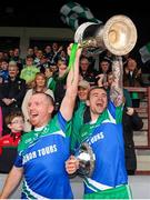 4 October 2015; St Patrick's team captains Karl White, left, and Paddy Keenan, right, lift the Joe Ward Cup following their team's victory over Sean O'Mahony's. Louth County Senior Football Championship Final, Sean O'Mahony's v St Patrick's, Gaelic Grounds, Drogheda, Co. Louth. Picture credit: Seb Daly / SPORTSFILE