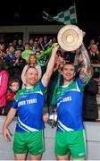 4 October 2015; St Patrick's team captains Karl White, left, and Paddy Keenan, right, lift the Joe Ward Cup following their team's victory over Sean O'Mahony's. Louth County Senior Football Championship Final, Sean O'Mahony's v St Patrick's, Gaelic Grounds, Drogheda, Co. Louth. Picture credit: Seb Daly / SPORTSFILE