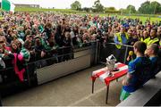 4 October 2015; St Patrick's team captains Paddy Keenan and Karl White, give their post match speeches following their team's victory over Sean O'Mahony's. Louth County Senior Football Championship Final, Sean O'Mahony's v St Patrick's, Gaelic Grounds, Drogheda, Co. Louth. Picture credit: Seb Daly / SPORTSFILE