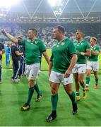 4 October 2015; Ireland players, from left, Peter O'Mahony, Nathan White, Simon Zebo and Luke Fitzgerald leave the pitch after the match. 2015 Rugby World Cup, Pool D, Ireland v Italy. Olympic Stadium, Stratford, London, England. Picture credit: Brendan Moran / SPORTSFILE