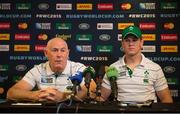 5 October 2015; Ireland team manager Michael Kearney and Jonathan Sexton during a press conference. Ireland Rugby Press Conference, 2015 Rugby World Cup. Marriott West India Quay, London, England. Picture credit: Brendan Moran / SPORTSFILE
