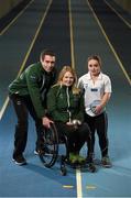 6 October 2015; Jason Smyth, 100m & 200m Paralympic champion, Deirdre Mongan, shot putt, and Niamh McCarthy, right, discus, at the announcement of the nine strong Irish team for the upcoming IPC Paralympic Athletics World Championships in Doha, Qatar, from October 22nd - 31st. The Irish team is proudly sponsored by Allianz Ireland. National High Performance Training Centre, Blanchardstown, Co. Dublin. Photo by Sportsfile