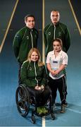 6 October 2015; Jason Smyth, left, James Nolan, team manager, 100m & 200m Paralympic champion, Deirdre Mongan, shot putt, and Niamh McCarthy, right, discus, at the announcement of the nine strong Irish team for the upcoming IPC Paralympic Athletics World Championships in Doha, Qatar, from October 22nd - 31st. The Irish team is proudly sponsored by Allianz Ireland. National High Performance Training Centre, Blanchardstown, Co. Dublin. Photo by Sportsfile