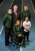 6 October 2015; Jason Smyth, left, 100m & 200m Paralympic champion, Brendan Murphy, centre, CEO Allianz Ireland, James Nolan, right, team manager, Deirdre Mongan, shot putt, and Niamh McCarthy, right, discus, at the announcement of the nine strong Irish team for the upcoming IPC Paralympic Athletics World Championships in Doha, Qatar, from October 22nd - 31st. The Irish team is proudly sponsored by Allianz Ireland. National High Performance Training Centre, Blanchardstown, Co. Dublin. Photo by Sportsfile