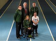 6 October 2015; Jason Smyth, left, 100m & 200m Paralympic champion, Brendan Murphy, centre, CEO Allianz Ireland, James Nolan, right, team manager, Deirdre Mongan, shot putt, and Niamh McCarthy, right, discus, at the announcement of the nine strong Irish team for the upcoming IPC Paralympic Athletics World Championships in Doha, Qatar, from October 22nd - 31st. The Irish team is proudly sponsored by Allianz Ireland. National High Performance Training Centre, Blanchardstown, Co. Dublin. Photo by Sportsfile