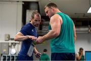 6 October 2015; Ireland's Nathan White with strength & conditioning coach Jason Cowman during a gym session. Ireland Rugby Squad Training, 2015 Rugby World Cup, Celtic Manor Resort, Newport, Wales. Picture credit: Brendan Moran / SPORTSFILE