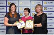 1 June 2016; Cora Courtney, Monaghan, centre, receives her Division 1 Lidl Ladies Team of the League Award from Aoife Clarke, head of communications, Lidl Ireland, left, and Marie Hickey, President of Ladies Gaelic Football, right, at the Lidl Ladies Teams of the League Award Night. The Lidl Teams of the League were presented at Croke Park with 60 players recognised for their performances throughout the 2016 Lidl National Football League Campaign. The 4 teams were selected by opposition managers who selected the best players in their position with the players receiving the most votes being selected in their position. Croke Park, Dublin. Photo by Cody Glenn/Sportsfile