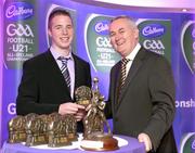 19 May 2009; Colm O'Neill, from Cork, receiving the 2009 Cadbury Hero of the Future Award from Uachtarán Chumann Lúthchleas Gael Criostóir Ó Cuana. Colm was one of fifteen shortlisted players. All nominees can be seen on www.cadburygaau21.com. Past winners Fintan Gould, from Cork, Killian Young, from Kerry, and Keith Higgins, from Mayo, have gone on to represent their counties at Senior Level. Croke Park, Dublin. Photo by Sportsfile