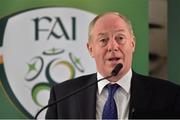 8 October 2015; Michael Ring TD, Minister of State at the Department of Transport, Tourism and Sport, delivers his address during the FAI Stakeholders Conference. Lansdowne RFC, Lansdowne Road, Dublin. Picture credit: Cody Glenn / SPORTSFILE