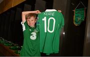 8 October 2015; Rian McEntaggart, age 7, from Dunshaughlin, Co. Meath, pictured in the Republic of Ireland dressing room, was the lucky little footie fan that won a 3Plus VIP experience to get him behind-the-scenes on match day. Three, proud sponsor of the Irish football team. Aviva Stadium, Lansdowne Road, Dublin. Picture credit: Cody Glenn / SPORTSFILE