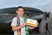 8 October 2015; Pictured is Donncha O’Sullivan, aged 8, from Kenmare, Co. Kerry, at the Aviva Stadium. Donncha won a McDonald’s Future Football competition to become a flagbearer for the crucial Ireland v Germany European Championship Qualifier at the Aviva Stadium. McDonald’s FAI Future Football is a programme designed to support grassroots football clubs by enriching the work they do at local level. Over 10,000 boys and girls from 165 football clubs in Ireland will take part this year, generating 70,000 additional hours of activity. Aviva Stadium, Lansdowne Road, Dublin. Picture credit: Ramsey Cardy / SPORTSFILE