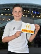 8 October 2015; Pictured is Gavin Mulvihill, aged 11, from Knocklyon, Dublin 16, alongside his mum, Julie, at the Aviva Stadium. Gavin won a McDonald’s Future Football competition to become a flagbearer for the crucial Ireland v Germany European Championship Qualifier at the Aviva Stadium. McDonald’s FAI Future Football is a programme designed to support grassroots football clubs by enriching the work they do at local level. Over 10,000 boys and girls from 165 football clubs in Ireland will take part this year, generating 70,000 additional hours of activity. Aviva Stadium, Lansdowne Road, Dublin. Picture credit: Ramsey Cardy / SPORTSFILE
