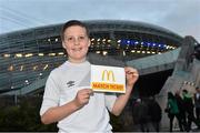 8 October 2015; Pictured is Gavin Mulvihill, aged 11, from Knocklyon, Dublin 16, at the Aviva Stadium. Gavin won a McDonald’s Future Football competition to become a flagbearer for the crucial Ireland v Germany European Championship Qualifier at the Aviva Stadium. McDonald’s FAI Future Football is a programme designed to support grassroots football clubs by enriching the work they do at local level. Over 10,000 boys and girls from 165 football clubs in Ireland will take part this year, generating 70,000 additional hours of activity. Aviva Stadium, Lansdowne Road, Dublin. Picture credit: Ramsey Cardy / SPORTSFILE