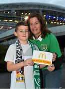 8 October 2015; Pictured is Donncha O’Sullivan, aged 8, from Kenmare, Co. Kerry, alongside his mum Sinead O’Donovan at the Aviva Stadium. Donncha won a McDonald’s Future Football competition to become a flagbearer for the crucial Ireland v Germany European Championship Qualifier at the Aviva Stadium. McDonald’s FAI Future Football is a programme designed to support grassroots football clubs by enriching the work they do at local level. Over 10,000 boys and girls from 165 football clubs in Ireland will take part this year, generating 70,000 additional hours of activity. Aviva Stadium, Lansdowne Road, Dublin. Picture credit: Ramsey Cardy / SPORTSFILE
