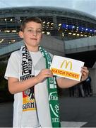 8 October 2015; Pictured is Donncha O’Sullivan, aged 8, from Kenmare, Co. Kerry, at the Aviva Stadium. Donncha won a McDonald’s Future Football competition to become a flagbearer for the crucial Ireland v Germany European Championship Qualifier at the Aviva Stadium. McDonald’s FAI Future Football is a programme designed to support grassroots football clubs by enriching the work they do at local level. Over 10,000 boys and girls from 165 football clubs in Ireland will take part this year, generating 70,000 additional hours of activity. Aviva Stadium, Lansdowne Road, Dublin. Picture credit: Ramsey Cardy / SPORTSFILE