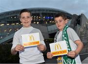 8 October 2015; Pictured is Gavin Mulvihill, aged 11, from Knocklyon, Dublin 16, left, and Donncha O’Sullivan, aged 8, from Kenmare, Co. Kerry, at the Aviva Stadium. Gavin and Donncha  won a McDonald’s Future Football competition to become a flagbearer for the crucial Ireland v Germany European Championship Qualifier at the Aviva Stadium. McDonald’s FAI Future Football is a programme designed to support grassroots football clubs by enriching the work they do at local level. Over 10,000 boys and girls from 165 football clubs in Ireland will take part this year, generating 70,000 additional hours of activity. Aviva Stadium, Lansdowne Road, Dublin. Picture credit: Ramsey Cardy / SPORTSFILE