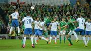 8 October 2015; Josh Magennis, Northern Ireland, heads to score his side's second goal. UEFA EURO 2016 Championship Qualifier, Group F, Northern Ireland v Greece. Windsor Park, Belfast. Picture credit: Oliver McVeigh / SPORTSFILE