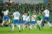 8 October 2015; Josh Magennis, Northern Ireland, heads to score his side's second goal. UEFA EURO 2016 Championship Qualifier, Group F, Northern Ireland v Greece. Windsor Park, Belfast. Picture credit: Oliver McVeigh / SPORTSFILE