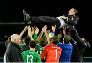 8 October 2015; Northern Ireland manager Michael O'Neill is thrown in the air by his players during the celebrations after the game. UEFA EURO 2016 Championship Qualifier, Group F, Northern Ireland v Greece. Windsor Park, Belfast. Picture credit: Oliver McVeigh / SPORTSFILE