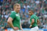 4 October 2015; Simon Zebo, right, and Keith Earls, Ireland. 2015 Rugby World Cup, Pool D, Ireland v Italy. Olympic Stadium, Stratford, London, England. Picture credit: Stephen McCarthy / SPORTSFILE