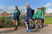 9 October 2015; Ireland's Jared Payne arrives with team doctor Dr. Eanna Falvey for squad training. 2015 Rugby World Cup, Ireland Rugby Squad Training. Newport High School, Newport, Wales. Picture credit: Brendan Moran / SPORTSFILE