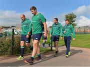 9 October 2015; Ireland players, from left, Rory Best, Iain Henderson, Tommy Bowe and Paddy Jackson arrive for  squad training. 2015 Rugby World Cup, Ireland Rugby Squad Training. Newport High School, Newport, Wales. Picture credit: Brendan Moran / SPORTSFILE