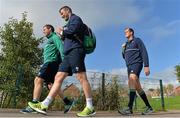 9 October 2015; Ireland players, from left, Darren Cave, Robbie Henshaw and Devin Toner arrive for squad training. 2015 Rugby World Cup, Ireland Rugby Squad Training. Newport High School, Newport, Wales. Picture credit: Brendan Moran / SPORTSFILE