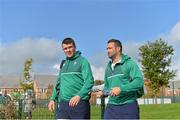 9 October 2015; Ireland's Peter O'Mahony, left, and Dave Kearney arrive for squad training. 2015 Rugby World Cup, Ireland Rugby Squad Training. Newport High School, Newport, Wales. Picture credit: Brendan Moran / SPORTSFILE
