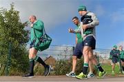 9 October 2015; Ireland players, from left, Paul O'Connell, Rob Kearney and Jonathan Sexton arrive for squad training. 2015 Rugby World Cup, Ireland Rugby Squad Training. Newport High School, Newport, Wales. Picture credit: Brendan Moran / SPORTSFILE