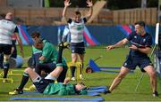 9 October 2015; Ireland's Jonathan Sexton with assistant strength & conditioning coach John Kiely during squad training. 2015 Rugby World Cup, Ireland Rugby Squad Training. Newport High School, Newport, Wales. Picture credit: Brendan Moran / SPORTSFILE