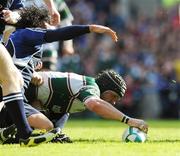 23 May 2009; Ben Woods dives over to score the first try of the game for Leicester Tigers despite being tackled by Isa Nacewa. Heineken Cup Final, Leinster v Leicester Tigers, Murrayfield Stadium, Edinburgh, Scotland. Picture credit: Ray McManus / SPORTSFILE