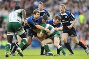 23 May 2009; Dan Hipkiss, Leicester Tigers, is tackled by Leinster players Gordon D'Arcy, Johnny Sexton and Cian Healy. Heineken Cup Final, Leinster v Leicester Tigers, Murrayfield Stadium, Edinburgh, Scotland. Picture credit: Ray McManus / SPORTSFILE