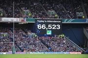 23 May 2009; The scoreboard reflects the attendance of 66,523. Heineken Cup Final, Leinster v Leicester Tigers, Murrayfield Stadium, Edinburgh, Scotland. Picture credit: Ray McManus / SPORTSFILE
