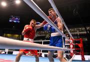 9 October 2015; Joseph Ward, right, Ireland, exchanges punches with Oleksandr Khyzhniak, Ukraine, during their Men's Light Heavyweight 81kg last 16 bout. AIBA World Boxing Championships, Ali Bin Hamad Al Attiyah Arena, Doha, Qatar. Photo by Sportsfile