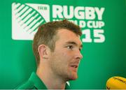 9 October 2015; Ireland's Peter O'Mahony speaks to the media during a press conference. 2015 Rugby World Cup, Ireland Rugby Press Conference. Celtic Manor Resort, Newport, Wales. Picture credit: Brendan Moran / SPORTSFILE