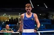 9 October 2015; A dejected Sean McComb, Ireland, after his defeat to Albert Selimov, Azerbaijan, in their Men's Lightweight 60kg last 16 bout. AIBA World Boxing Championships, Ali Bin Hamad Al Attiyah Arena, Doha, Qatar. Photo by Sportsfile
