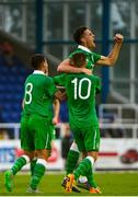 9 October 2015; Conor Wilkinson, centre, Republic of Ireland, celebrates scoring his side's second goal with team-mates Joshua Cullen and Jack Byrne, 10. UEFA Euro 2017 U21 Championship Qualifier, Group 2, Republic of Ireland v Lithuania. RSC, Waterford. Picture credit: Piaras Ó Mídheach / SPORTSFILE