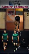 10 October 2015; Ireland's Jamie Heaslip, Luke Fitzgerald, left, and Dr Eanna Falvey, Ireland team doctor, right, during the captain's run. Ireland Rugby Captain's Run. Millennium Stadium, Cardiff, Wales. Picture credit: Stephen McCarthy / SPORTSFILE