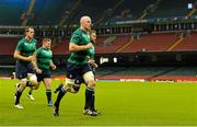 10 October 2015; Ireland captain Paul O'Connell, leads his team-mates Devin Toner, Tadhg Furlong and Sean O'Brien during the captain's run. Ireland Rugby Squad Captain's Run, Millennium Stadium, Cardiff, Wales. Picture credit: Brendan Moran / SPORTSFILE