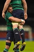 10 October 2015; Ireland's Sean O'Brien lifts team-mate Paul O'Connell during the captain's run. Ireland Rugby Squad Captain's Run, Millennium Stadium, Cardiff, Wales. Picture credit: Brendan Moran / SPORTSFILE