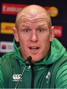 10 October 2015; Ireland captain Paul O'Connell speaking during the pre-match press conference. Ireland Rugby Press Conference, Millennium Stadium, Cardiff, Wales. Picture credit: Brendan Moran / SPORTSFILE