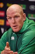 10 October 2015; Ireland captain Paul O'Connell speaking during the pre-match press conference. Ireland Rugby Press Conference, Millennium Stadium, Cardiff, Wales. Picture credit: Brendan Moran / SPORTSFILE