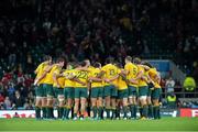 10 October 2015; Australian players huddle after the game. 2015 Rugby World Cup, Pool A, Australia v Wales. Twickenham Stadium, London, England. Picture credit: Matt Browne / SPORTSFILE