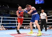 10 October 2015; Joseph Ward, right, Ireland, exchanges punches with Mikhail Baudhaliavets, Belarus, during their Men's Light Heavyweight 81kg Quarter-Final bout. AIBA World Boxing Championships, Quarter-Finals, Ali Bin Hamad Al Attiyah Arena, Doha, Qatar. Photo by Sportsfile