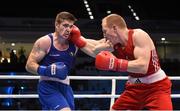 10 October 2015; Mikhail Baudhaliavets, right, Belarus, exchanges punches with Joseph Ward, Ireland, during their Men's Light Heavyweight 81kg Quarter-Final bout. AIBA World Boxing Championships, Quarter-Finals, Ali Bin Hamad Al Attiyah Arena, Doha, Qatar. Photo by Sportsfile