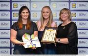 1 June 2016; Neamh Woods, Tyrone, centre, receives her Division 1 Lidl Ladies Team of the League Award from Aoife Clarke, head of communications, Lidl Ireland, left, and Marie Hickey, President of Ladies Gaelic Football, right, at the Lidl Ladies Teams of the League Award Night. The Lidl Teams of the League were presented at Croke Park with 60 players recognised for their performances throughout the 2016 Lidl National Football League Campaign. The 4 teams were selected by opposition managers who selected the best players in their position with the players receiving the most votes being selected in their position. Croke Park, Dublin. Photo by Cody Glenn/Sportsfile