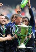 23 May 2009; Try scorer Jamie Heaslip is doused in champagne by Leinster team-mate Isa Nacewa. Heineken Cup Final, Leinster v Leicester Tigers, Murrayfield Stadium, Edinburgh, Scotland. Picture credit: Ray McManus / SPORTSFILE