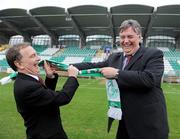 27 May 2009; Shamrock Rovers supporter Eoin Ryan, MEP, tries to put a Rovers scarf around the shoulders of Waterford United supporter Minister for Arts, Sport and Tourism Martin Cullen TD at the official opening of Tallaght Stadium. Tallaght Stadium, Dublin. Picture credit: Matt Browne / SPORTSFILE
