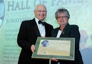 23 May 2009; Jonathan Cole, Avoca / YMCA / Trinity, is inducted into the Hall of Fame by IHA President Doreen Howe at the 2009 ESB Irish Hockey Awards. Burlington Hotel, Dublin. Picture credit: Pat Murphy / SPORTSFILE